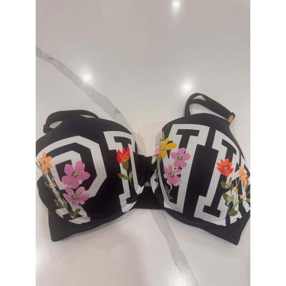 Wear Everywhere T-Shirt Bra 32DD Lightly Lined Black Pink Floral By Victorias Se - Picture 1 of 6